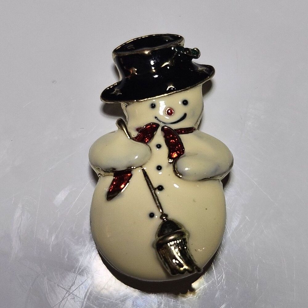 Vintage Black Cream Enameled Gold Tone Snowman Christmas Brooch Pin